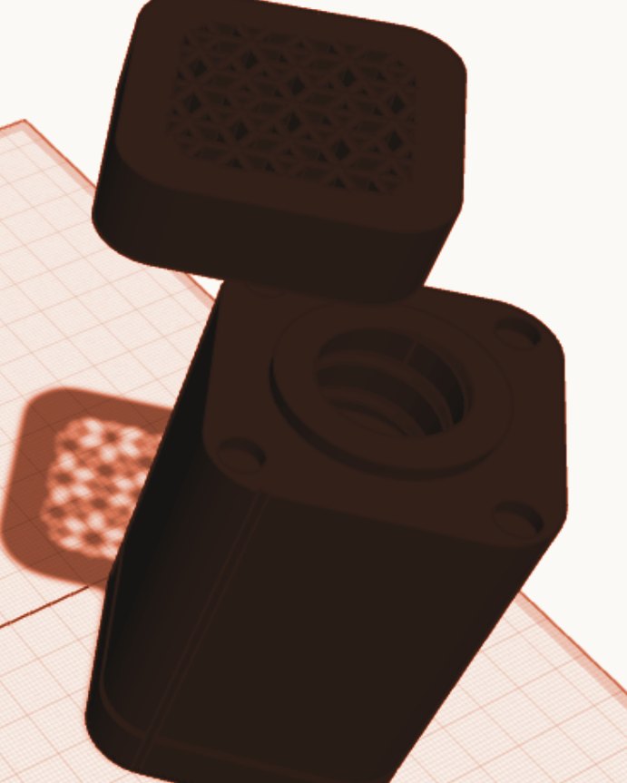 CAD model of the XOUD body and lattice lid, rendered in brand duotone